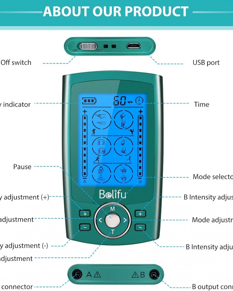 Belifu Dual Channel TENS EMS Unit 24 Modes Muscle Stimulator for Pain Relief Therapy, Electronic Pulse Massager Muscle Massager with 10 Pads, Dust-Proof Drawstring Storage Bag, Fastening Cable Ties